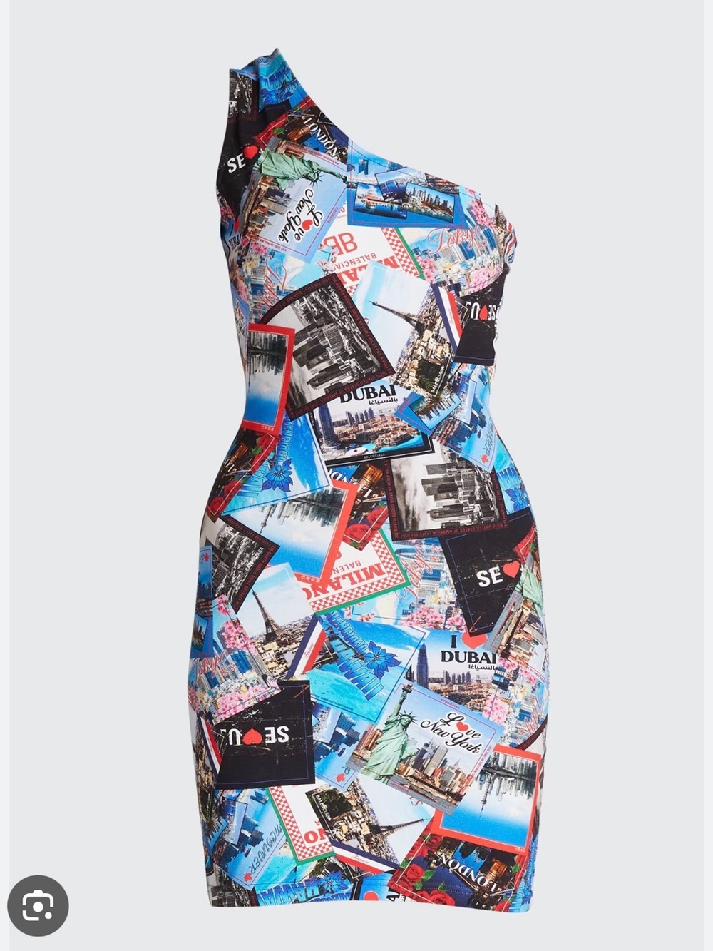 Balenciaga Postcard Graphic-Print One-Shoulder Body-Con Mini Dress